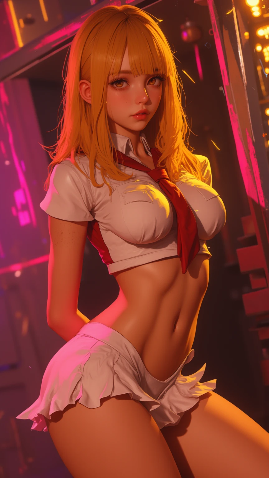 long hair of golden color、hime-cut、Golden Eyes、eye glasses、ssmile、early teenage girls、flat chest、Thin pubic hair、Beautiful open legs、Stadium