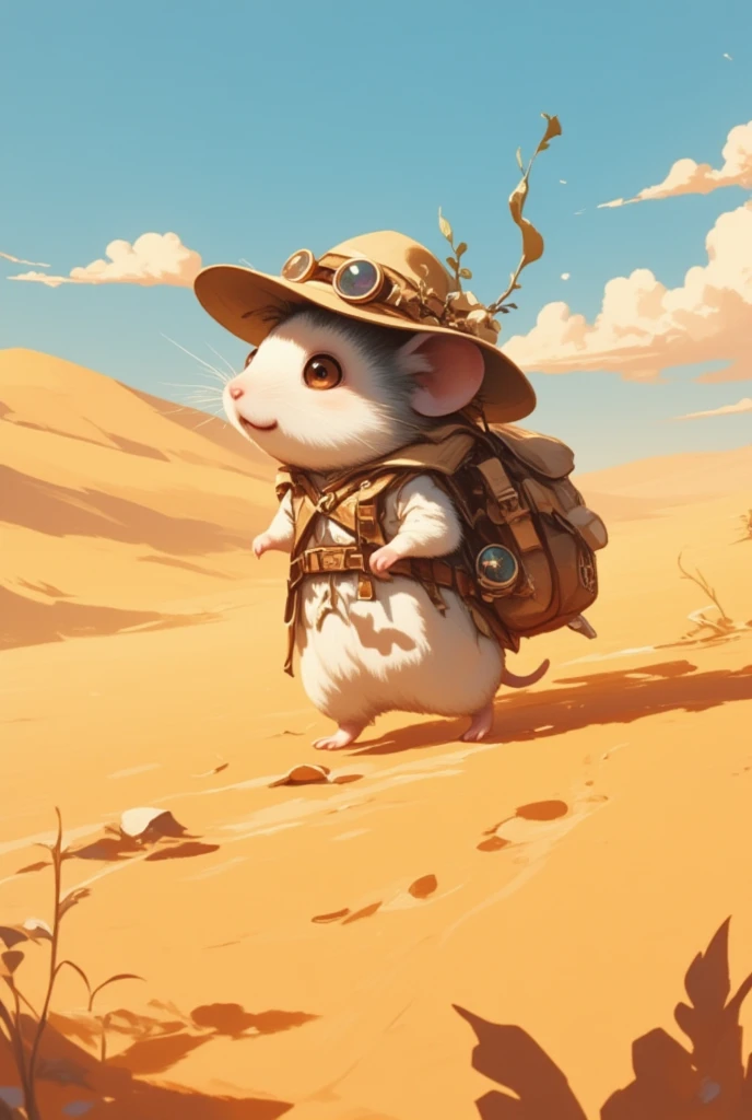 Picture a scene painted by the whispers of discovery, where a supremely adorable hamster (with a coat like fresh snow and eyes as deep as the ocean) embarks on a journey that takes him across the dunes of an endless desert. Clad in the traditional attire of an intrepid explorer, he wears a minuscule safari hat that tilts jauntily over one ear, a pair of tiny goggles balanced on his nose. His backpack, sewn from a walnut shell and leaf accents, carries miniature scrolls and a shimmering compass that reflects the sun’s sharp light. As he navigates under the blazing sun, leaving tiny footprints in the golden sand, his spirit is unyielding, driven by the allure of mysterious oases and hidden treasures just over the next dune. This scene captures a moment steeped in the thrill of adventure, with the little hamster's heart beating in time with the timeless winds that sweep across the desert plain.