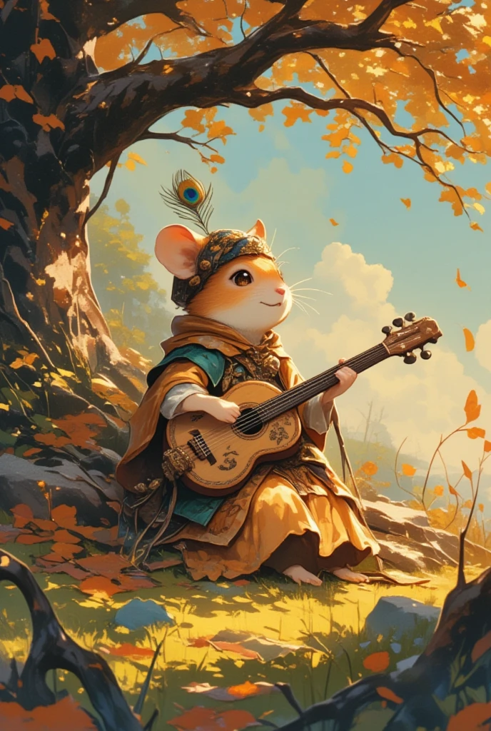 In a realm spun from melody and rhyme, envision an image where a charmingly delightful hamster (whose fur is as soft as a lullaby, eyes twinkling like the night's first star) strums an enchanted lute. He is dressed as a bard of old, wearing a tunic of gentle hues, interwoven with autumn leaves that sing with color. A tiny cap adorned with a single peacock feather graces his head, symbols of fables yet unsung. As he rests beneath an ancient oak, songs of wonder and adventure unfold from his very being, each note telling tales of distant lands and timeless loves. With fingers as light as a whisper, he plucks chords that beckon the listener into a world where every leaf, every rustle of the breeze, becomes part of the lore. It is a tableau of harmony between the enchanting landscape and our diminutive performer, caught in a moment of eternal serenade.