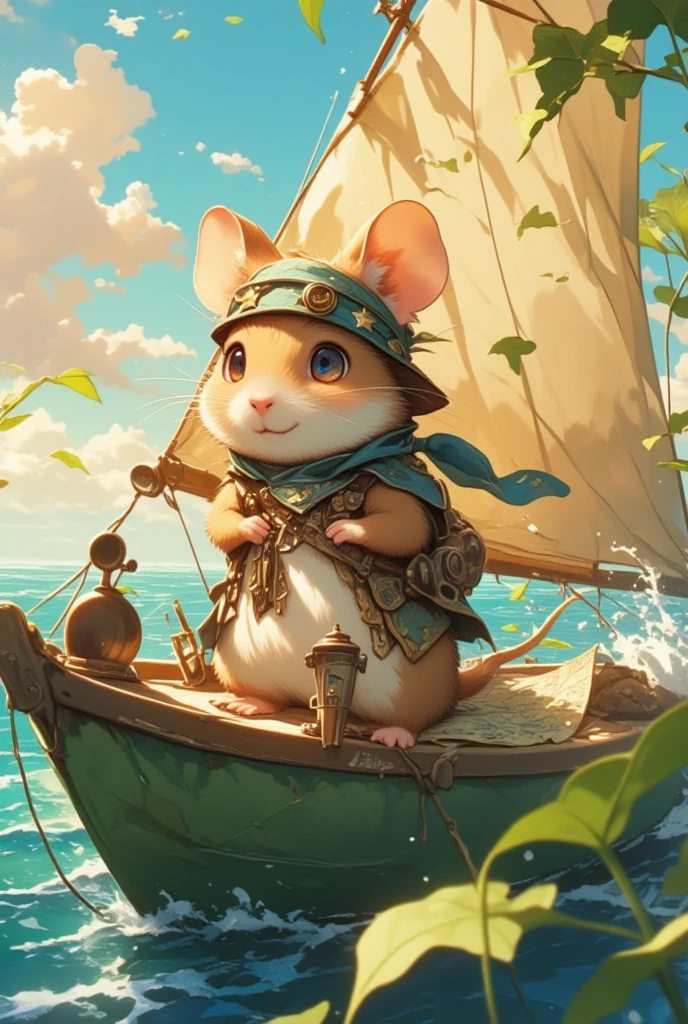 Imagine a vivid scene on the high seas, where a beguilingly cute hamster (with a fur as soft as morning mist and eyes like the clearest sky) stands proudly on the bow of a leaf-boat crafted by skilled hands of nature. Garbed as a sailor embarking upon grand marine adventures, he sports a dashing bandana adorned with sea stars and a makeshift telescope crafted from a slender acorn. His coat flutters like the sails overhead, capturing the vibrancy of the ocean breeze. As he keeps watch over uncharted waters, a map rests beside him—charts leading to mythical islands and hidden coves. The sea stretches infinitely, reflecting his indomitable spirit. This quintessential moment, captured in maritime dawn, is filled with salty air and the promise of discovery, a symbol of the timeless tale of the sea and those brave enough to chart its mysterious depths.