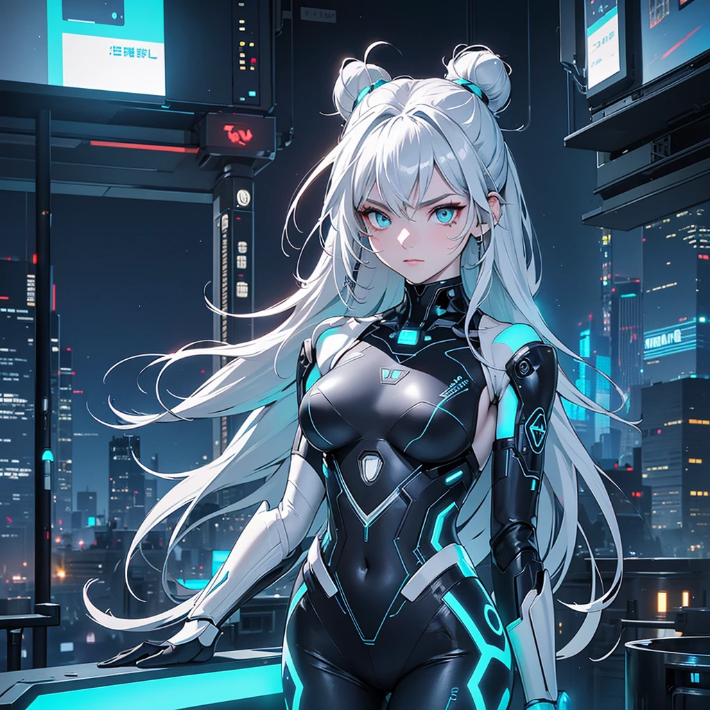 Android girl with long silver hair in a black suit with small blue elements woman sexy hips half cyborg modification Beautiful sexy, with black eyes like a demon, stands sideways Anime Style background Cyberpunk metropolis glass showcase neon lights style, Robot Girl, gloomy image background with white glow lines night black city and neon lights of dark blue color