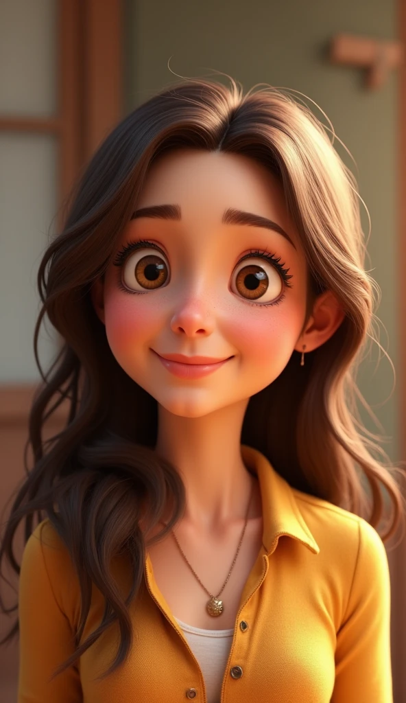 Uma mulher de 22 anos, trabalhando no closet cabelo castanho escuro, Rosto redondo, sorriso encantador, e olhos castanhos e levemente puxados, primeiro o rei, de camisa e trabalhando.