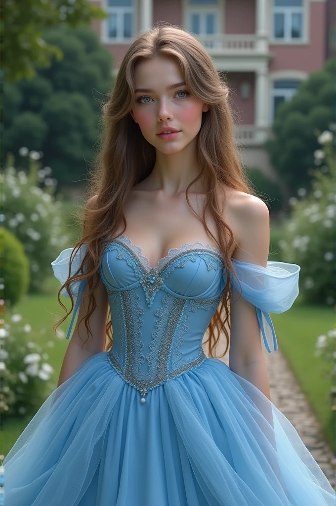 Alice inspired dress in wonderland (Ultra-realistic image), (Hair in high quality), (Body in high quality), UHD photography, arafed woman in a blue dress standing in a forest, Victorian blue dress, blue corset, in an extravagant fairy tale forest, by Galen Dara, storybook style, belle, monia merlo, fairy tale style, portrait of light blue dress,blue dress,costume style outfit,a blue dress,beautiful princess,princess portrait,shooting portrait,snow white portrait