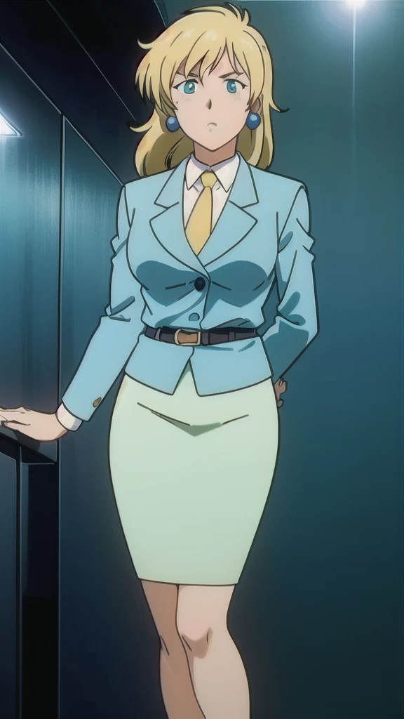 Blonde、 long straight hair、Green Eyes，悲しいface， Full Body Style 、 normal breasts、 narrow waist 、Bare legs、In a suit、 blue jacket ,襟付きshirt, shirt, yellow tie ,belt,,  Blue Mini Pencil Skirt, black tights，White pumps，My legs are slightly flabby， OFFICIAL ART, Extremely Fine CG Unity 8k Wallpaper ,  full light, colorful , bright _ Front_face_Lighting,  shiny skin, ( masterpiece:1.0),(Highest_quality:1.0), 超 Hi-Res,4K,Ultra-detailed, photo shoot, 8k,  Hi-Res,  Hi-Res,  absurd:1.2,  Kodak Portra 400,  Film Grain ,  blurry background, Bokeh:1.2,  lens flare , ( lively_ color:1.2), Professional photography,Anime Images、