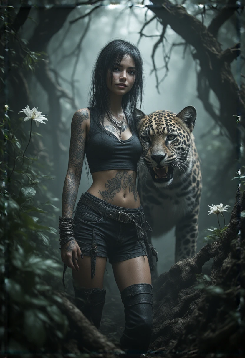 
01_((Imagine a full-length image of a young girl, with black hair, white skin, almond-shaped eyes).(Latina girl, half-turned, looking at the viewer).(black and white leopard nearby, graceful in all its beauty, spotted leopard, guard, protector, grin, big white teeth)).((Image of a girl, magical, punk rock star, shaman girl, modern informal culture, industrial punk girl).(Her image is eclectic - a mixture of styles, modern fashionable).(Long straight black hair, wet disheveled - sexy, almond-shaped eyes, large transparent glasses on a thin frame, thin rings in her ears).(The body is decorated with tattoos, the right arm is completely covered with a tattoo sleeve, graceful hands, a beautiful manicure in black varnish).(The left leg is decorated with a tattoo, shamanic ethnic style)).((Her  accompanies, in the wilds of the jungle a beautiful spotted leopard, grinning white fangs). (The leopard has an open mouth, glowing yellow eyes, sharp claws, graceful forms)). ((The girl wears short black shorts, on a leather belt a hunting knife, fetish and amulets - keys). (Short black top, with a graphic pattern, hands in bracelets, belts, buckles, fashionable design). (Open body, bare arms, beautiful forms, slender body). (Wearing black leather boots, on a thick sole, metal spikes))_02_((Background dark atmosphere, branches, roots, long tree roots, intertwined in a bizarre pattern). (In addition, black live flowers "lilies", stunning beauty and mystical mystery, long stems, leaves))_03_((Performer of the rock group Habak,  the atmosphere of the rock band Sepultura, this is rock). (Bring into the image, with stunning realism and attention to detail of the main character, clear, cinematic realism, mysticism)). ((Highest quality, cinema masterpiece, high definition quality, side cold lighting, warm golden light, shine on the body, clear skin texture, moths, dust particles, fog)).
