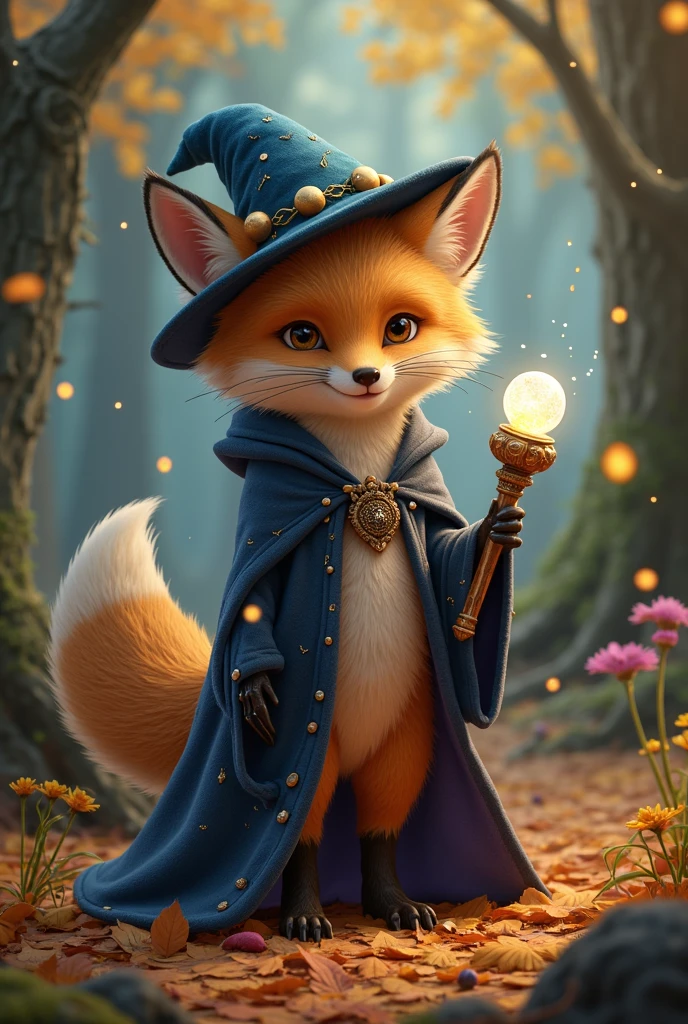 (In an enchanted forest where the trees whisper secrets of old, a fox stands proud. The fox, with its fur brushed to a glimmering sheen of autumnal gold, has donned a wizard's cloak, long and billowing. The cloak is adorned with constellations that twinkle with the light of midnight stars. Its eyes, bright with mischief and wisdom, peer from under a pointed hat that tilts jauntily to one side. The fox holds a tiny, intricately carved staff, topped with a crystal ball that shimmers with the light of a thousand rainbows. Around it, delicate will-o'-the-wisps float, casting a gentle luminescence that transforms fallen leaves into a carpet of shimmering gems. This scene, filled with magic and a hint of mysterious play, captures the true spirit of Halloween—fun, charming, and delightfully fantastical.)