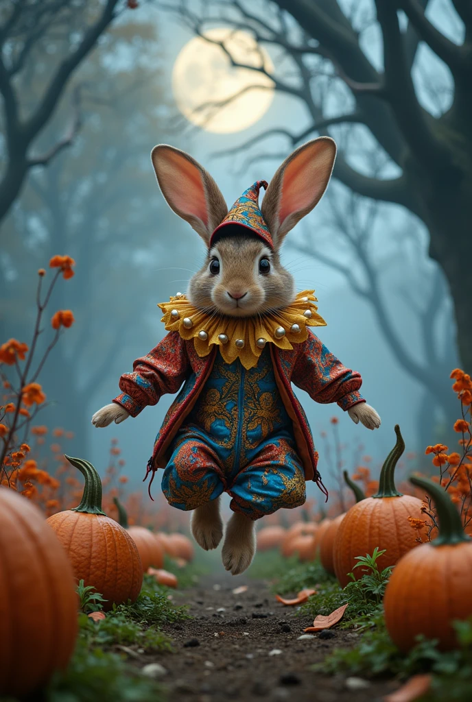 (Beneath a canopy of twisted oaks and moonlit fog, a rabbit hops through an ancient pumpkin patch. This playful creature, soft as a moonbeam and quick as a shadow, wears a jester's outfit that jingles with every hop. Its costume is a riot of colors, azure blues and vibrant reds, each shade dancing with luminescent threads that catch the eye and weave a tale of whimsy and wonder. A tiny hat with silver bells sits atop its expressive ears, which twitch in time with the chiming echoes. Around its neck, a collar of golden leaves, sewn with dew-glazed spider silk, reflects the quiet laughter of forest spirits. The rabbit’s eyes—merry and gleaming—invite all who look to join in its capricious Halloween revelry.)