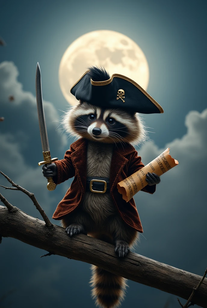 (Amidst the silvery glow of a full moon, a raccoon clambers upon a high branch, dressed as a pirate captain. Its costume is detailed beyond belief—a tiny tricorn hat perched upon its head, embellished with a feather as black as starlit seas. Clad in a miniature velvet coat, the raccoon looks every bit the swashbuckler, with a sash tied at its waist and a gleaming toy sword hanging from its side. Its mask-like markings enhance the mythical allure, while its clever paws clutch a treasure map, the edges curled and mysterious symbols scattered across the parchment. All around, the night air resonates with a spectral sea breeze, scenting the air with hints of salt and adventure. The raccoon's delightful costume and roguish charm bring to life a Halloween scene filled with exploration and joyous imagination.)
