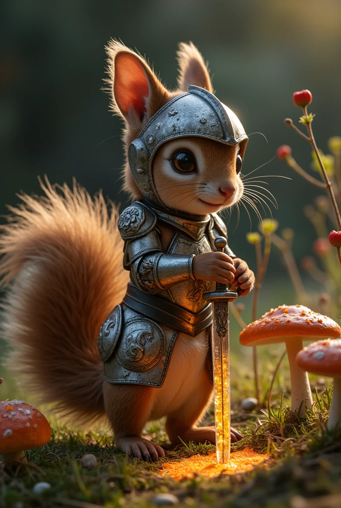 (Deep in a meadow bathed in twilight’s gentle embrace, a squirrel finds itself transformed into a valiant knight. Its armor, a polished marvel crafted by fairy hands, glints with hues of dawn and dusk. The squirrel's bushy tail is adorned with tiny, silver shields, each embossed with heroic tales of old. A helmet, petite and gracefully fashioned, rests upon its head, with a visor lifted to reveal eyes that shine with courage and a touch of impish glee. In its tiny grasp, a sword forged from a shard of the purest star, glows with a warmth akin to sunlight peeping through morning mist. Beneath the squirrel's gallant pose, toadstools form a circle, alive with the dance of ethereal beings who revel in this fanciful Halloween tribute to bravery and delight.)