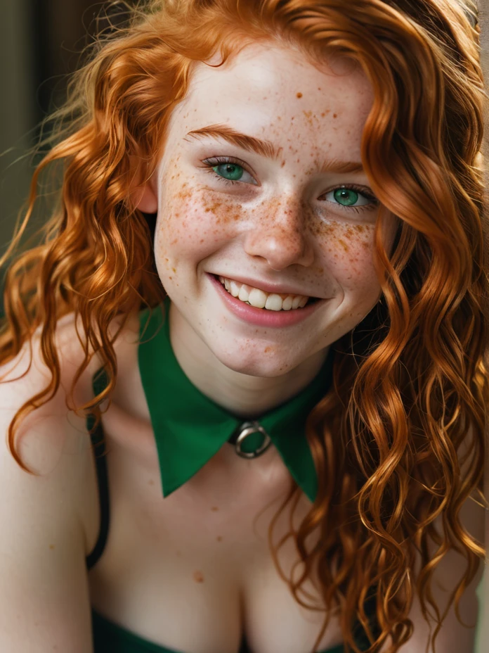 19yo teen, (cute face:1.5), (detailed face:1.75), (cute smile:1.25), on all fours, nude, massive perky breasts, skinny, long wavy|messy hair, piercing eyes, (Irish redhead emerald_eyed), (freckles:0.6), (imperfect skin), makeup, blushing, dog collar, highres, masterpiece, cinematic lighting, sharp subject focus, kennelse 