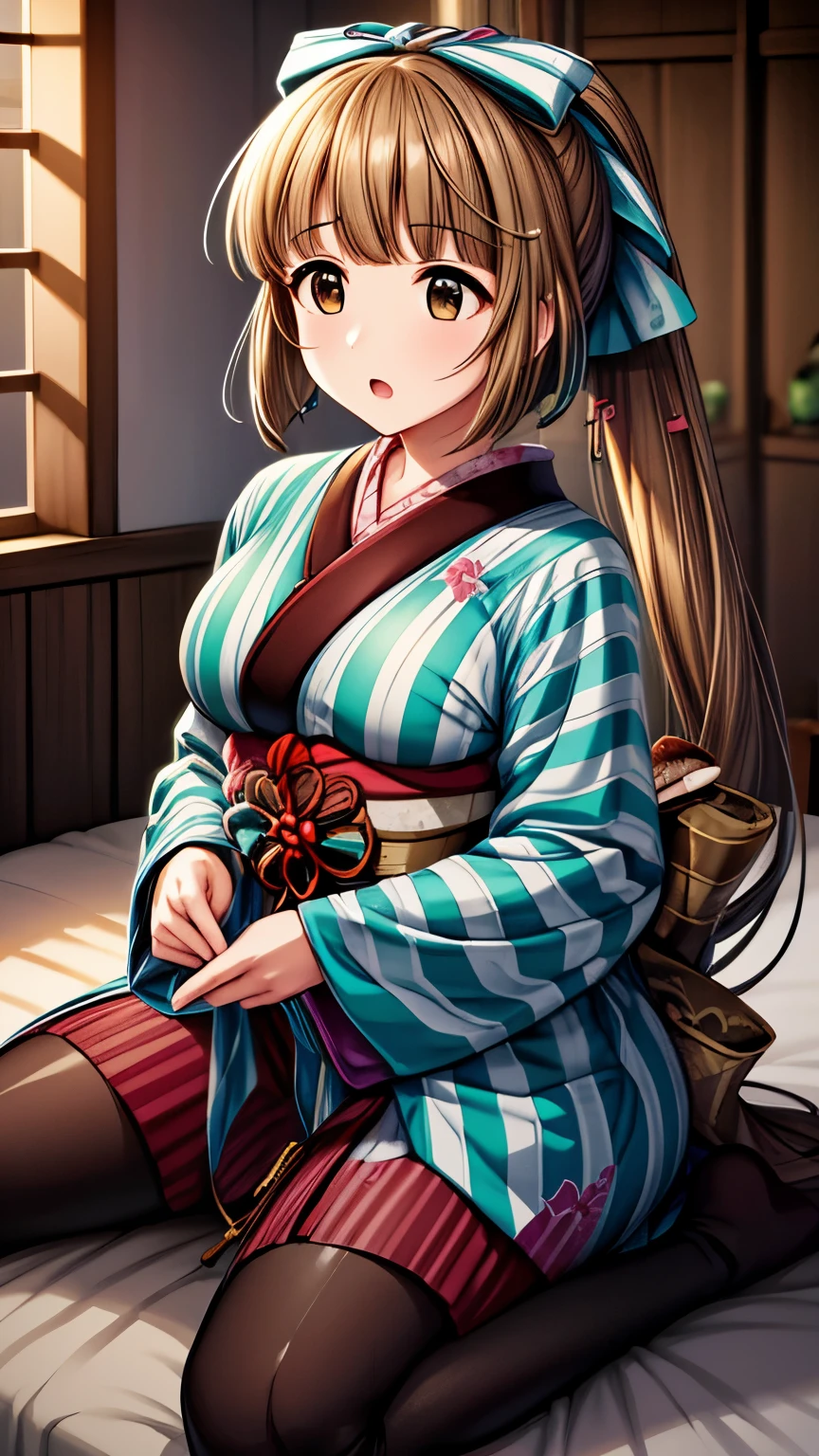 (masterpiece)、（Best image quality）、（Very detailed）、（Very detailed）、（8k）、(Yoshino Yorita,long hair,high Ponytail,brown eyes,ノーマル,KIMONO,STRIPED,HAIR BOW),(masterpiece)、 (big breast),NSFW,(orgasm,vaginal, sex, reverse upright straddle)