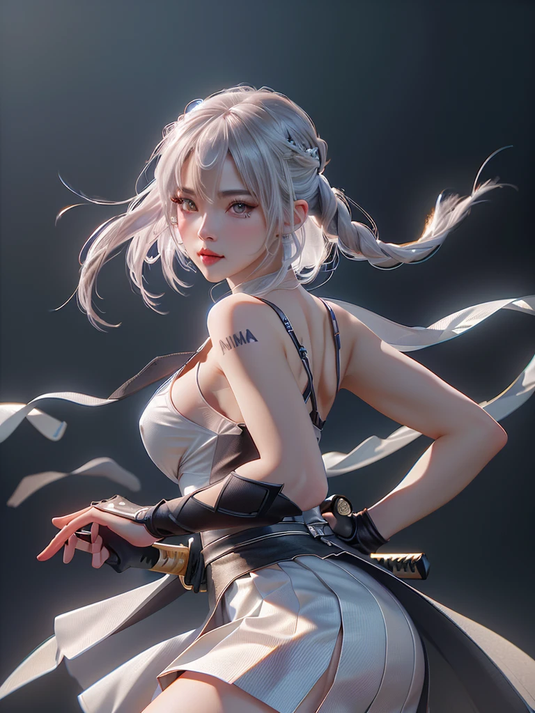 a beautiful ninja girl in a white ninja dress, 1 woman, beautiful detailed eyes,beautiful detailed lips,extremely detailed eyes and face,longeyelashes, solo, white ninja dress with skirt, full body tattoos, ninja outfit, short sword, ninja knife, action pose, no background, (best quality,4k,8k,highres,masterpiece:1.2),ultra-detailed,(realistic,photorealistic,photo-realistic:1.37),digital art, cinematic lighting, dramatic shadows, highly detailed, intricate details, vivid colors