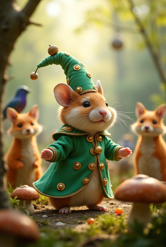 In the heart of an enchanted woodland, where sunlight dances through the leaves like liquid gold, there stands a tiny, whimsical figure—the Woodland Jester Hamster. His costume is a vibrant tapestry of colors: a tunic of emerald green adorned with delicate bells that chime softly with his every move. His tiny hat, tipped with a golden acorn, glimmers with the essence of a thousand merry songs. Around him, a host of creatures gathers—birds with feathers of cobalt blue and foxes with coats of flame-kissed amber—all awaiting a performance of timeless joy. The air is alive with laughter and the scents of honeysuckle and pine as our adorable hero begins to juggle acorns, hop on mushroom tops, and spin tales of the forest through his playful antics. His eyes, bright as dew-kissed morning, reflect the light of dreams, inviting all who gaze upon him into a world where whimsy reigns and burdens melt away like sugar in the sun. It's a scene of absolute delight, a fairy-tale moment captured within the gentle embrace of nature's joyful melody.