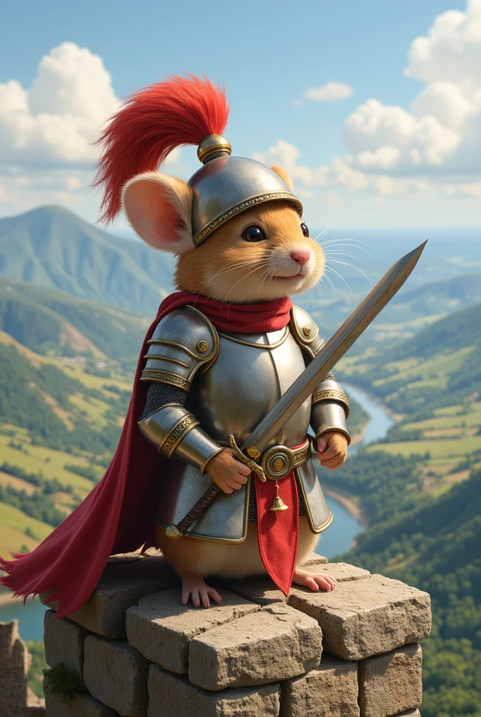 Upon the battlements of a castle that rises from the mists of dawn like a dream, the Noble Knight Hamster stands proud, clad in armor of the finest silver that catches the first rays of morning with a celestial gleam. His helmet, a grand affair with a plume of crimson silk, sits slightly askew, lending a touch of charming playfulness to his regal air. A sword, crafted from a sliver of moonlight and bound with leather as soft as a summer breeze, rests by his side. As he gazes over the land—a tapestry of rolling hills and sparkling rivers—tiny subjects appear from burrows and nests, each beholding their champion with eyes wide in wonder. It's a scene of serene adventure where the promise of valor blends with the dawn's gentle awakening. Our brave hero, a cuddly warrior in a realm of fantasy, stands ready to take on the day, a paragon of courage and heart wrapped in the smallest, most endearing form imaginable.