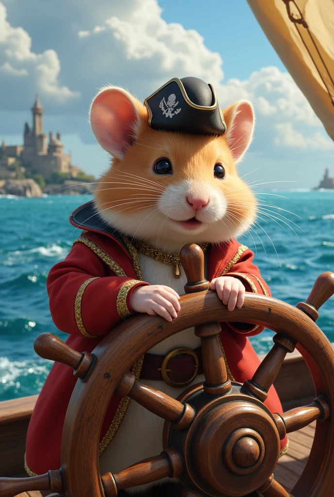 Set sail on an azure sea beneath a sky vast with adventure—here, our little buccaneer, the Fairy Tale Pirate Hamster, commands his vessel with a heart full of wonder. Dressed in a coat of deep scarlet adorned with gold trim, and a hat as grand as the open seas, he exudes a charm as boundless as the horizon. His tiny paws grip the intricately carved wooden helm as he navigates through waters teeming with mythical creatures and islands brimming with treasure. The sails billow like clouds caught in a playful breeze, and the smell of salt and sun fills the air. As the chime of sea-songs mingles with the laughter of dolphins, our pirate hero faces each new day with a twinkle in his eye, eager to uncover the mysteries and marvels hidden in distant lands. It's a scene ripe with the promise of escapades, where the cuteness of our protagonist is matched only by the grandeur of his adventurous spirit.