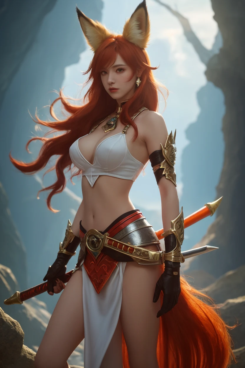 Asian (Korean) woman, 20 years old. Athletic and sensual, warrior wielding medieval weapons, muscular belly on display. Thin, medium breasts heaving marking the outfit. Curly red hair just below the shoulders. Armor top in white leather quite décolleté (breasts partially on display). Right arms tattooed up to the shoulder. Left arm without tattoo with golden metallic shoulder pad. Standing, legs slightly spread in defensive position, groin apparent, silk panties in orange color with cameltoe marked and apparent. Pink lips, piercing and serious look, big, green eyes, expression of distrust. Full-length figure, centered on the frame. Dark background, starry night. Position of the image lying down ((horizontal))((landscape)). 1920 pixel aspect ratio width x 1080 pixel height. (RAW photo: 1.2), (photorealistic: 1.4), (masterpiece: 1.3), (detailed total features), HDR, 8k resolution,(Excellent), (Fantasy illustration: 3.1) (high resolution: 1.2), cinematic lighting, realistic shadows, Octane rendering, Unreal Engine 5.