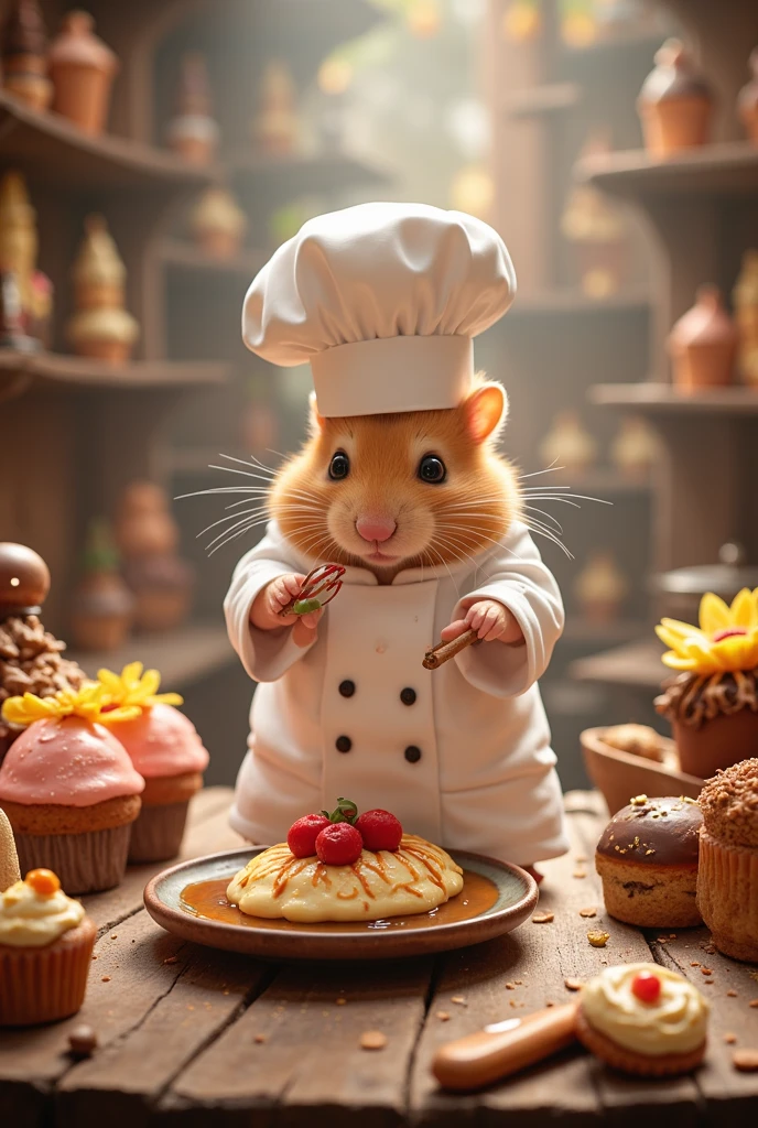 In the heart of the Chocolate Kingdom, amidst towers of truffles and rivers of molten cocoa, resides the celebrated Chef Hamster. Dressed in a white chef’s coat dotted with peppermint buttons and a hat as puffy as whipped cream, he is the toast of this sweet, fantastical realm. His kitchen, a place where sugary dreams take shape, is alive with the clatter of tiny copper pots and pans, and the sweet scent of caramel and vanilla. With a whisk in paw and a determination as firm as nougat, he conjures desserts that defy imagination—cupcakes that bloom like sunflowers and éclairs that twinkle with edible stardust. Around him, enchanted implements and confectionery creatures flit, assisting in this culinary dance. Each creation brings smiles and syrupy delight to creatures large and small, as tales of his sugary prowess spread from the grandest banquet halls to the coziest burrows. It is a scene infused with whimsy and warmth, where every delicious bite celebrates the irresistible cuteness of its charming creator.