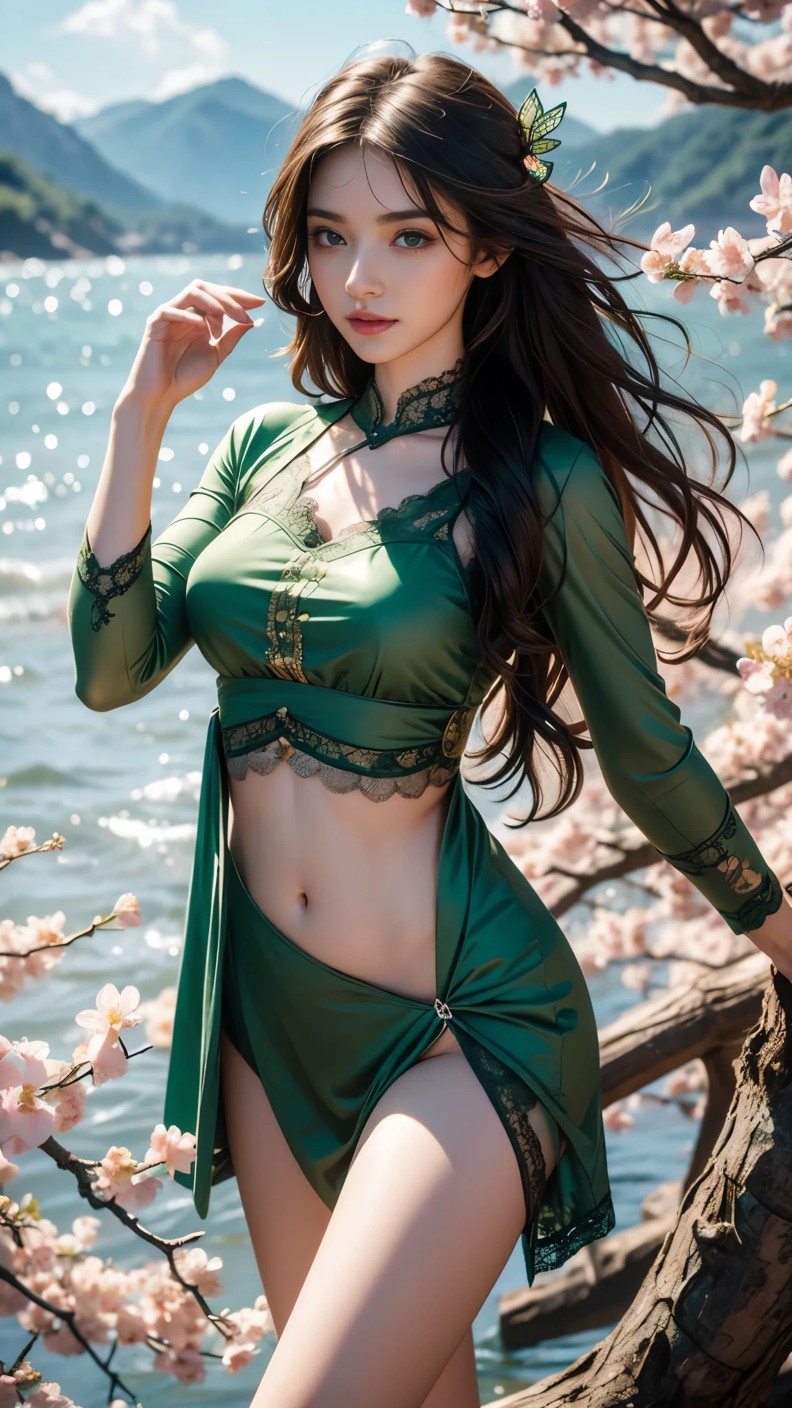 ファンタジー, 1forest_elemental_girl, 格闘, (using_leaves_clothes, green_leaves_covered_breasts, leaves_covered_pussy)+++,medium_breasts,dynamic_pose_standing, light_smile, 眠い, medium_hair, へそ,(dark_skin)+, オイル, (winding_vine_around_torso)++, (ふっくらと)+,森, trees_background, leaves_headgear, green_leaves_cape, hold_large_long_staff, 太もも,
