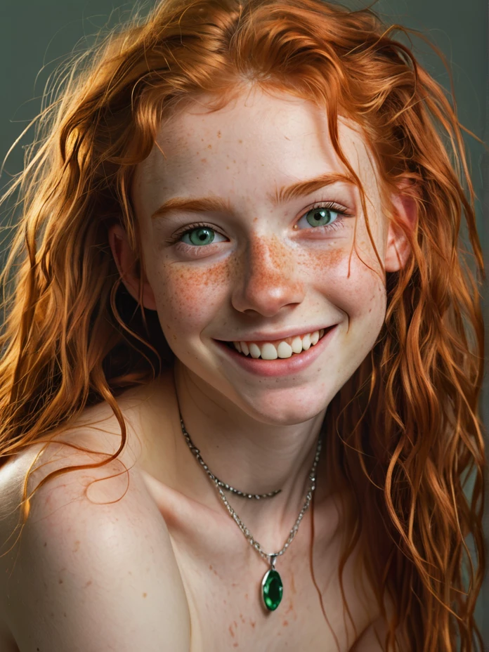 19yo teen, (cute face:1.5), (detailed face:1.75), (cute smile:1.25), on all fours, nude, massive perky breasts, skinny, long wavy|messy hair, piercing eyes, (Irish redhead emerald_eyed), (freckles:0.6), (imperfect skin), makeup, blushing, dog choker, highres, masterpiece, cinematic lighting, sharp, full body, kennels