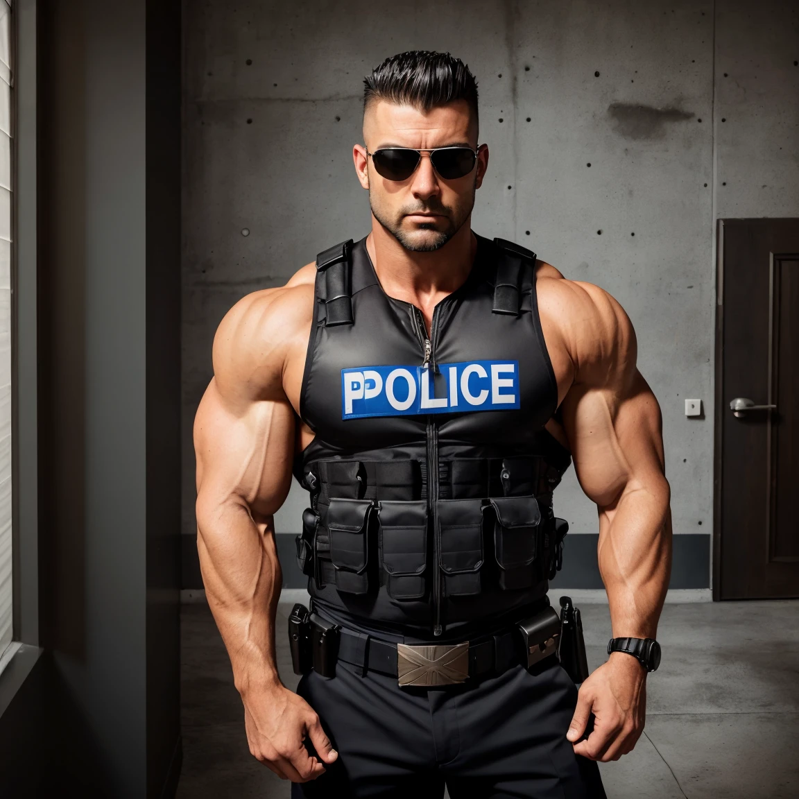best quality, masterpiece, super high resolution, detailed background, realistic, illustration, single, 1 boy, muscle man, beard, SWAT, hotel, muscle, facial hair, volumetric lighting, depth of field, black clothes, ((black police uniform)), panting, raised crotch