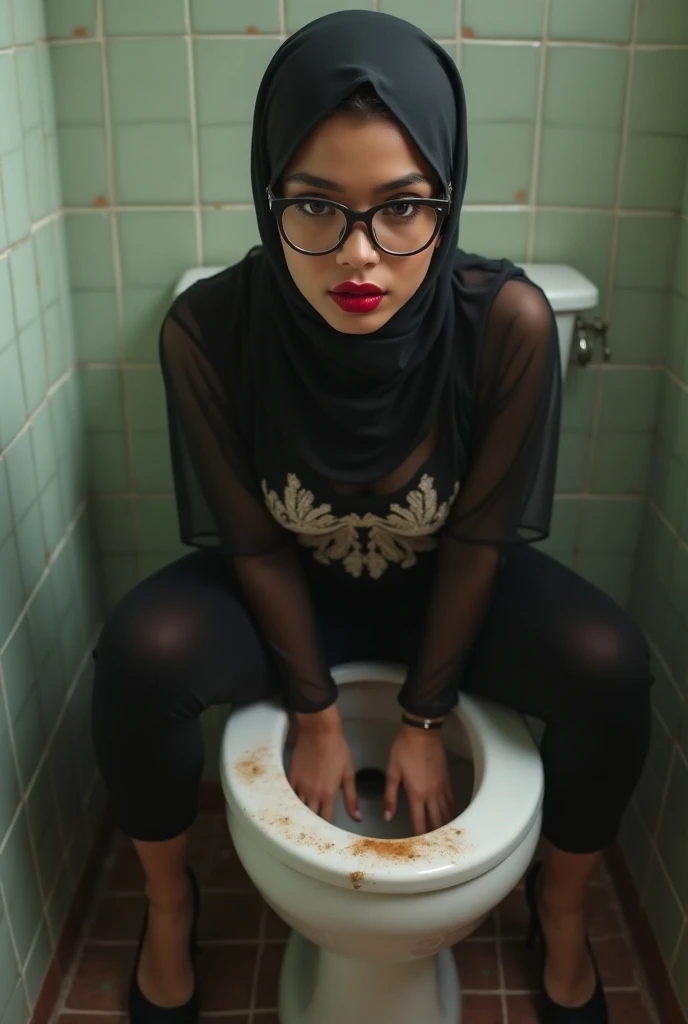 Pale skin nude woman in hijab licking the ground in bathroom stand on all fours humiliation 