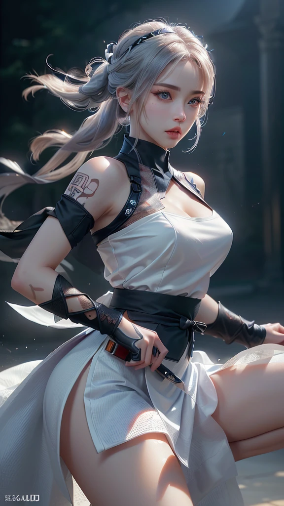 a beautiful ninja girl in a white ninja dress, 1 woman, beautiful detailed eyes,beautiful detailed lips,extremely detailed eyes and face,longeyelashes, solo, white ninja dress with skirt, full body tattoos, ninja outfit, ninja knife, action pose, no background, (best quality,4k,8k,highres,masterpiece:1.2),ultra-detailed,(realistic,photorealistic,photo-realistic:1.37),digital art, cinematic lighting, dramatic shadows, highly detailed, intricate details, vivid colors