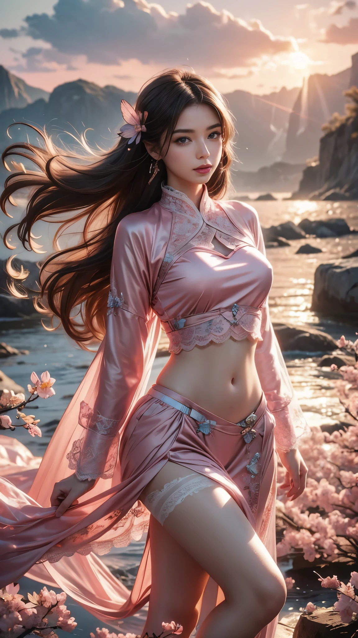 Holding a large see-through stole with pale pink floral pattern with both hands、Swaying in the wind。Lilac Sheer Halter Neck Gown、Eyes on the top、light-colored skin and loose navel skin,,,,。Skirt flutters in the wind and spreads。Dynamic Posing。Dancing Poses。
Loose clothing shows shoulders。Very beautiful girl at 19 years old。
Hair swaying in the wind。 masutepiece、Best Photoreal、portlate、Sheer clothing、wetted skin、Wet hair、Sexy look、Functional、Bewitching、Clothes with an open back、Oblique composition、Waterfall in the forest、jumpping、Bend both knees、Big hair ornament、Medium chest、Navel Ejection、