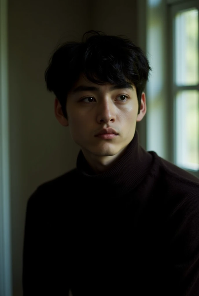 The image is a portrait of a young man with dark hair. He is wearing a dark brown turtleneck sweater and is looking off to the side with a serious expression on his face. The background is blurred, but it appears to be a room with a window and a wall. The lighting is soft and natural, creating a moody atmosphere. The overall mood of the image is somber and contemplative. aesthetic posing, 