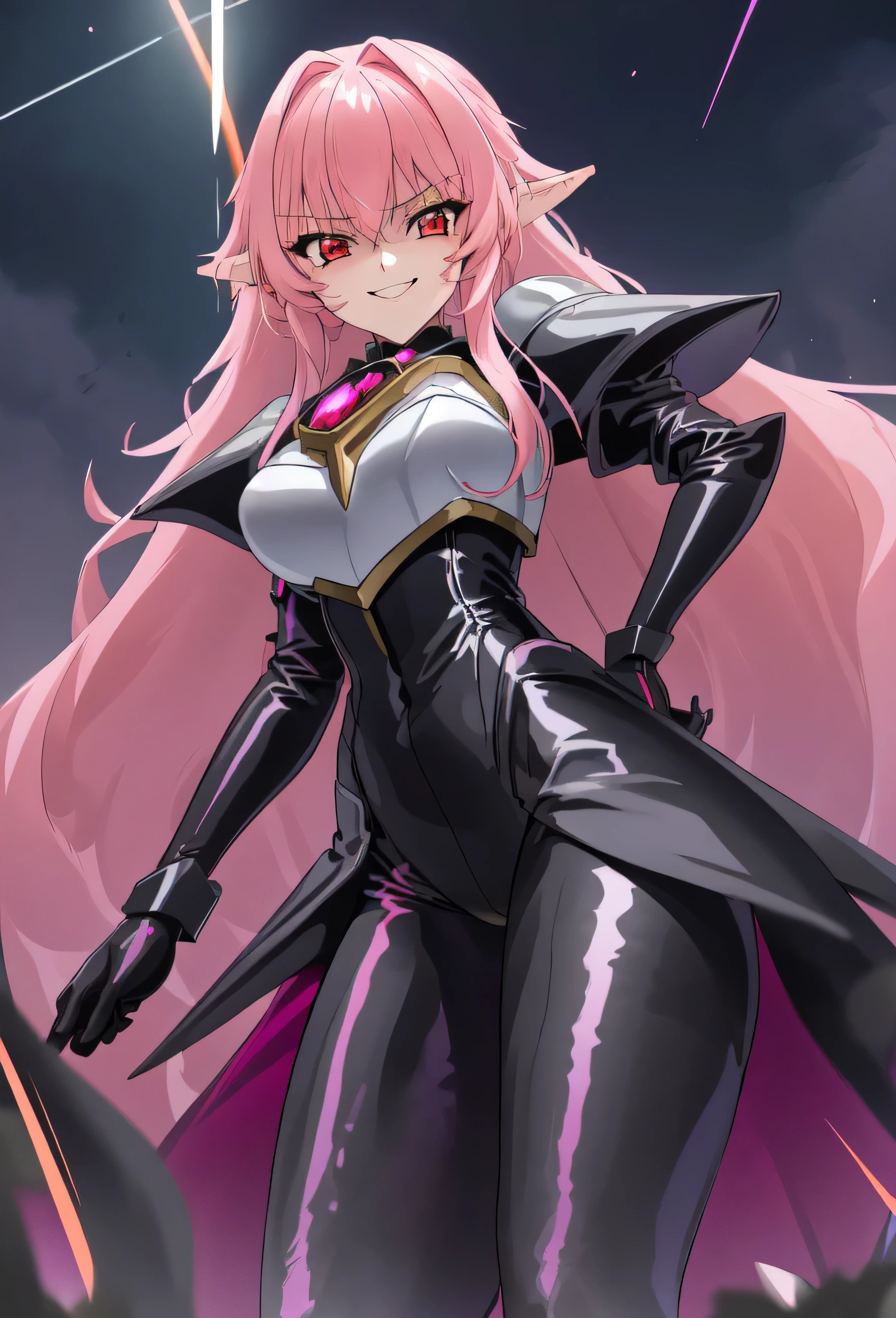 high quality, extremely detailed, perfect face, Nova, long pink hair, (black latex bodysuit), steel pauldrons, steel breastplate, long ears, evil smirk, evil laugh, medium breasts, (dark and stormy skies, lightning)(masterpiece:1.0),(Highest_quality:1.0), 超High resolution,4k,Super detailed, photo shoot, 8K, HDR, High resolution, disorganized:1.2, kodak portrait 400,raising a lightning,,Embodiment of evil,sadistic smile,deep shaded face(eyes in shadow),singlebraid,smile worst,worst ridecule,most evil moukery,,onebraid,,two hands,five fingers,black and purple background,A face full of evil,most evil ridicule,white micro pants,