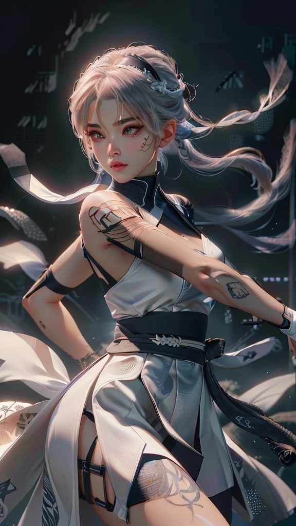 a beautiful ninja girl in a white ninja dress, 1 woman, beautiful detailed eyes,beautiful detailed lips,extremely detailed eyes and face,longeyelashes, solo, white ninja dress with skirt, full body tattoos, ninja outfit, ninja knife, action pose, no background, (best quality,4k,8k,highres,masterpiece:1.2),ultra-detailed,(realistic,photorealistic,photo-realistic:1.37),digital art, cinematic lighting, dramatic shadows, highly detailed, intricate details, vivid colors