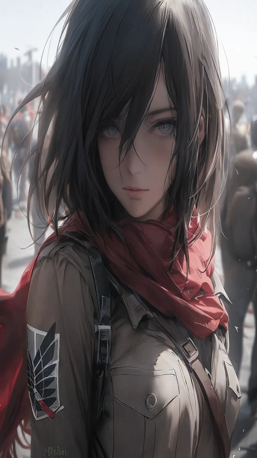  anime girl with long hair and red scarf standing in front of a crowd,  Anime Style  4K,  4k anime wallpaper , 4k anime wallpaper,  anime wallpaper 4k , Badass Anime 8k,  Anime Art Wallpaper 4K ,  Anime Art Wallpaper 4K , 4K Manga Wallpaper, anime art wallpaper 8k,  Anime Style . 8k,  Tall and muscular woman wearing  