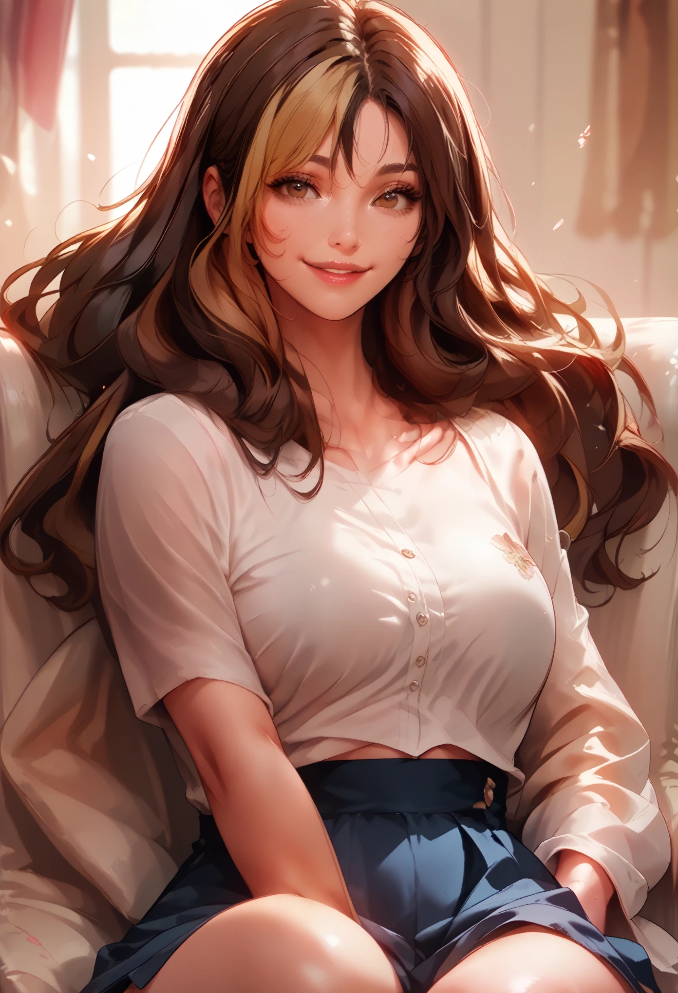 a beautiful woman, milf, wavy brown hair, long hair, brown eyes, two blonde streaks, two-tone hair, school clothes, lipstick, smiling, sitting on the couch, light and shadow, 