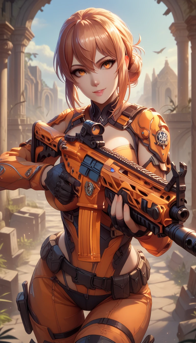 1 mature female, yuigahamama, ultra-detailed, ((masterpiece)), (best quality), (highres), 16K, orange eyes, orange hair, single hair bun, wearing tactical clothes, wearing black panties, black gloves, tactical belt, thigh boots, busty body, large breasts and a beautiful ass, showcasing cleavage, legs, hips, looking at viewer, holding assault rifle, smile, detailed face, detailed hair, detailed body, ruins background