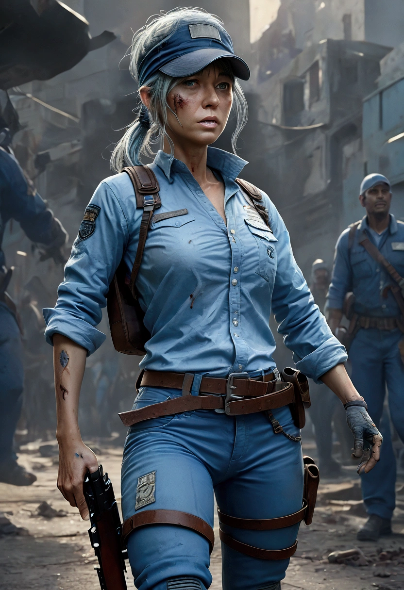 Masterpiece, high quality, best definition, pepper She IS YOUNG And has gray hair armed with a handgun and dressed in a light blue long-sleeved shirt with light gray highlights, gray body armor With IF letters, blue pants, knee pads, a duty belt, and a BLUE WITH IF LETTERS cap. Some of her hair is kept in a short ponytail.   from dead ahead zombie warfare 