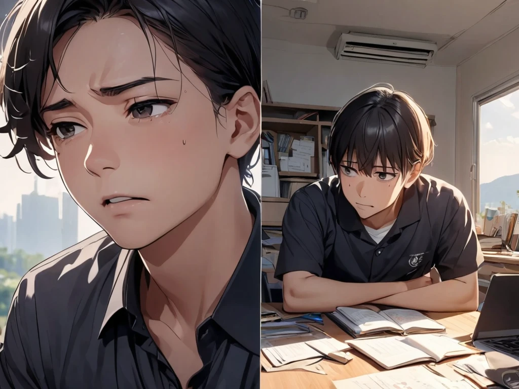 A split-screen image showing the man at his desk during the day, organized and professional on one side, and at night in disarray, looking drained and fatigued. The contrast symbolizes the gradual mental and emotional toll of anxiety. —ar 16:9
