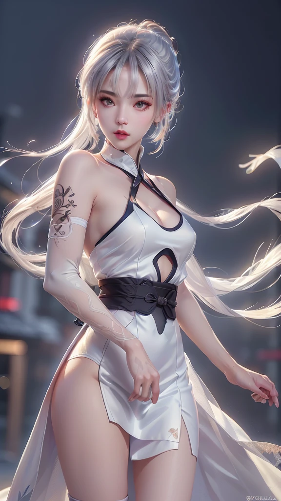 a beautiful ninja girl in a white ninja dress, 1 woman, beautiful detailed eyes,beautiful detailed lips,extremely detailed eyes and face,longeyelashes, solo, white ninja dress with skirt, full body tattoos, ninja outfit, ninja knife, action pose, no background, (best quality,4k,8k,highres,masterpiece:1.2),ultra-detailed,(realistic,photorealistic,photo-realistic:1.37),digital art, cinematic lighting, dramatic shadows, highly detailed, intricate details, vivid colors