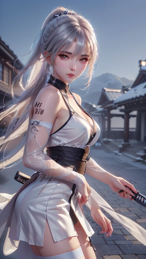 a beautiful ninja girl in a white ninja dress, 1 woman, beautiful detailed eyes,beautiful detailed lips,extremely detailed eyes and face,longeyelashes, solo, white ninja dress with skirt, full body tattoos, ninja outfit, ninja knife, action pose, no background, (best quality,4k,8k,highres,masterpiece:1.2),ultra-detailed,(realistic,photorealistic,photo-realistic:1.37),digital art, cinematic lighting, dramatic shadows, highly detailed, intricate details, vivid colors