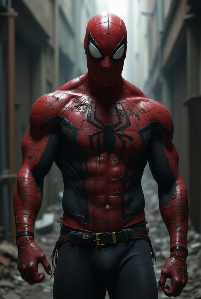 spiderman mask , topless, (excessive cum), (cum on body), (cum drip), flaccid penis, saggy balls, hairy chest, exposes the penis, complete penis,wet body,Wear a necklace, dark street background, Full Frame, Professional Lighting