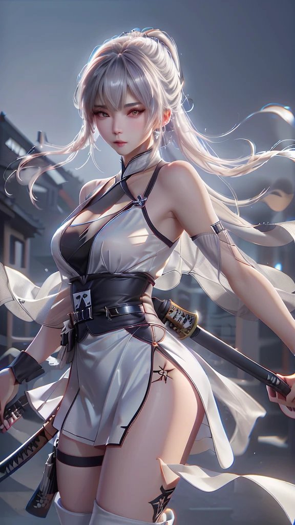 a beautiful ninja girl in a white ninja dress, 1 woman, beautiful detailed eyes,beautiful detailed lips,extremely detailed eyes and face,longeyelashes, solo, white ninja dress with skirt, full body tattoos, ninja outfit, ninja knife, action pose, no background, (best quality,4k,8k,highres,masterpiece:1.2),ultra-detailed,(realistic,photorealistic,photo-realistic:1.37),digital art, cinematic lighting, dramatic shadows, highly detailed, intricate details, vivid colors