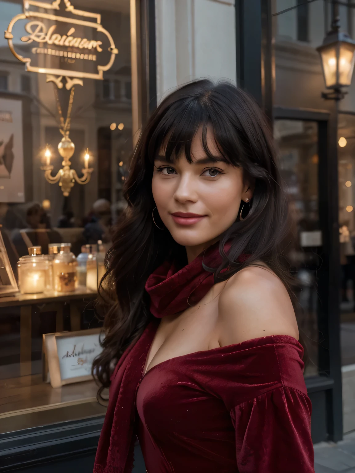 solo lovely smiling Bettie Page,, in front of boutique, (highest quality texture), boutique store front, display windows full of interesting items, film quality, dark skinned woman dressed in high style fashion, she wears red velvet scarf, (highest level red velvet texture detail, luxurious), she's in front of beautiful boutique ,soft accent candlelight in windows, gorgeous rembranndt like lighting, (Rembrandt patch), (highest quality window details), hip cool boutique in background, silky long dark hair, hair bangs to her eyes, every detail,Fine facial features, Masterpiece – Masterpiece ○○ quality – ○○ quality best quality(Highest Quality) ,Leica film, best, solo female, High quality (hiquality)　etc ○○ detailed – ○○ details ultra detailed(Ultra-fine ), Photorealistic, Extremely detailed(Extremely detailed) , Finely detailed(Fine-grained), (highest detail skin texture peachfuzz earlobe realistic)　etc ○○ res – ○○ resolution ultra high res(A high resolution) , very high texture res(light resolution), Realistic – Realistic Photorealistic – photorealistic beautiful – beautiful 4k , 8K, artsy shop front, close and intimate,