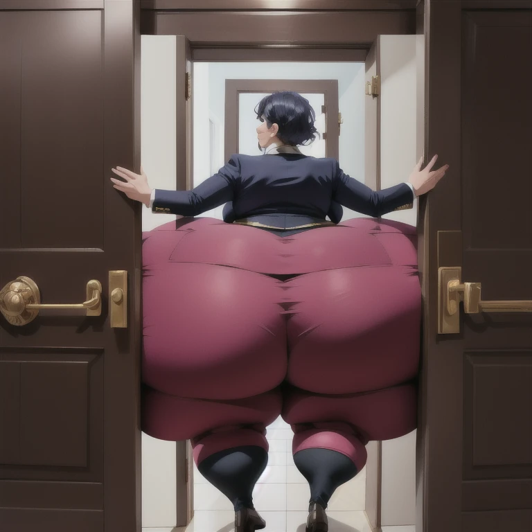 masterpiece, 1girl behind a doorway, from front, (doorstuck, stuckfront:1.3), huge hips, round belly, thick thighs, colorful clothing, wearing suit and tie and formal pants, upset, trying to wiggle through, her girlfriend laughs as she pushes her butt