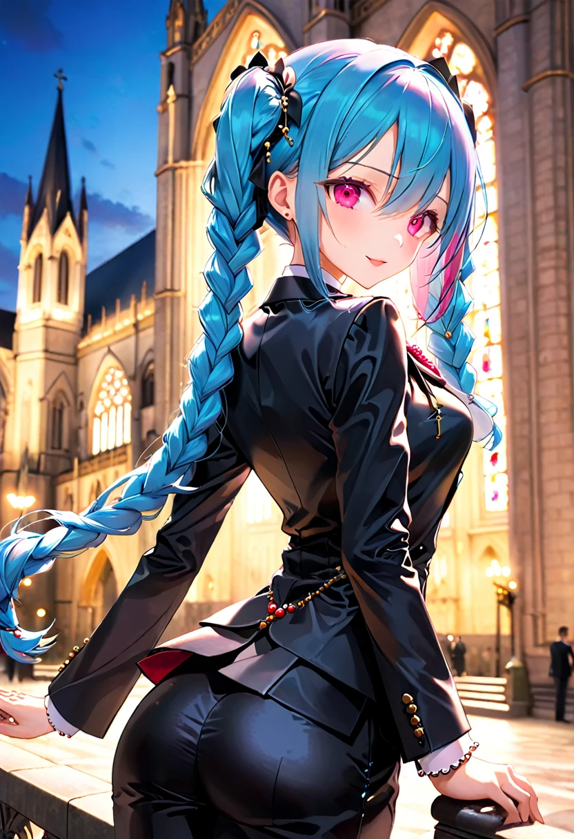 ((Jinx:1.5、Pink Eyes:1.5、 Blue Hair Braids Super Long Twin Tails :1.5)), ((((from directly behind :1.5)), back view:1.5, looking away)),  one girl , ((Jinx:1.5))、((A nun's formal attire:1.5、wimple:1.5、Rosary:1.5)) Best Quality, masterpiece,  ultra high resolution, (Realistic:1.4),  RAW Photos,  complicated details, Perfect Contour, masterpiece, full lips:1.5, pink lips:1.5, gloss lips:1.5, parted lips1.5, (( Shiny Super Shine Black Satin Suits:1.5, Pray with hands together:1.5))、 fearless smile :1.5、Crazy Expression :1.5、 tongue:1.5、The cathedral in the background, Bokeh