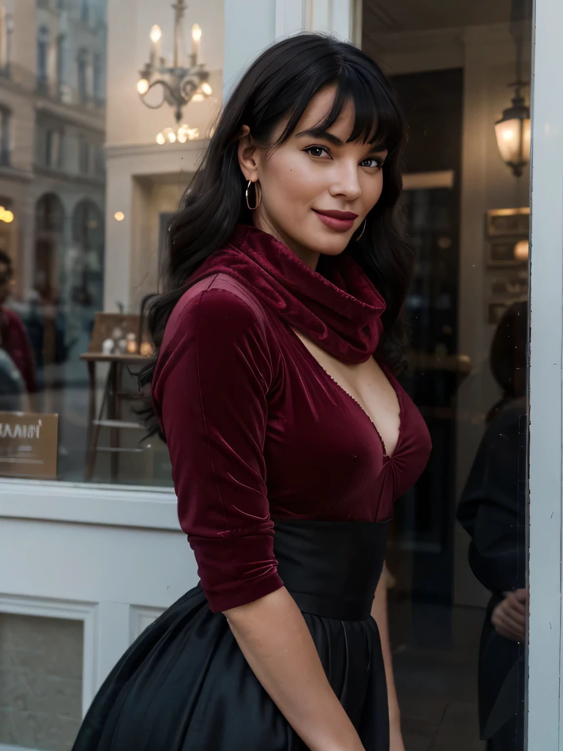 solo lovely smiling Bettie Page,, in front of boutique, (highest quality texture), boutique store front, display windows full of interesting items, film quality, dark skinned woman dressed in high style fashion, she wears red velvet scarf, hands on black gloves touching her lips, long velvet skirt (highest level red velvet texture detail, luxurious), she's in front of beautiful boutique ,soft accent candlelight in windows, gorgeous rembranndt like lighting, (Rembrandt patch), (highest quality window details), hip cool boutique in background, silky long dark hair, hair bangs to her eyes, every detail,Fine facial features, Masterpiece – Masterpiece ○○ quality – ○○ quality best quality(Highest Quality) ,Leica film, best, solo female, High quality (hiquality)　etc ○○ detailed – ○○ details ultra detailed(Ultra-fine ), Photorealistic, Extremely detailed(Extremely detailed) , Finely detailed(Fine-grained), (highest detail skin texture peachfuzz earlobe realistic)　etc ○○ res – ○○ resolution ultra high res(A high resolution) , very high texture res(light resolution), Realistic – Realistic Photorealistic – photorealistic beautiful – beautiful 4k , 8K, artsy shop front, close and intimate,