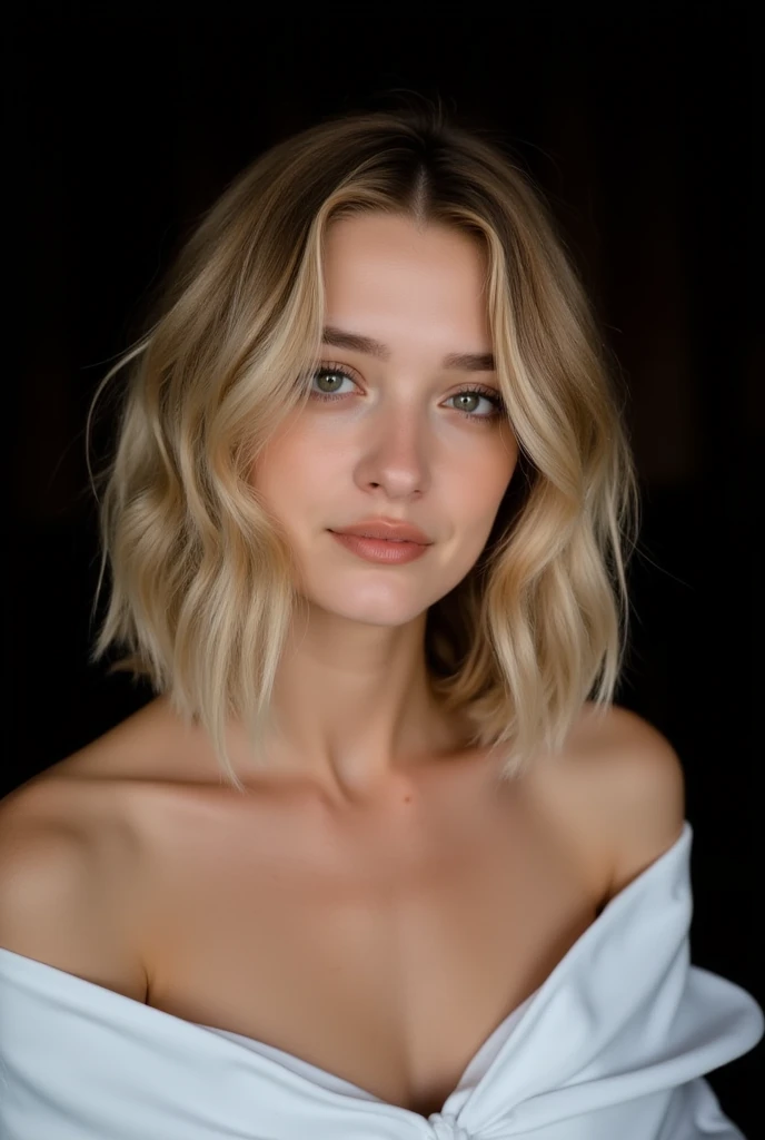 a portrait of a young woman with shoulder-length blonde hair. She is looking directly at the camera with a serious expression on her face. Her hair is styled in loose waves and falls over her shoulders. She has a slight smile on her lips and her eyes are looking off to the side. The background is dark, making the woman the focal point of the image. She appears to be wearing a white off-the-shoulder top with a v-neckline. The lighting is soft and natural, highlighting her features. aesthetic posing