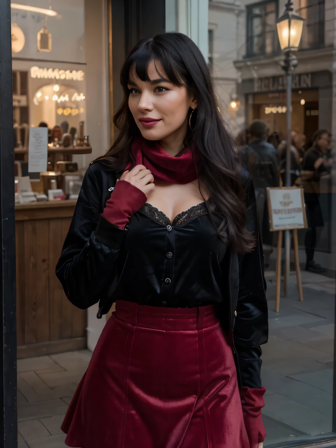 solo lovely smiling Bettie Page,, in front of boutique, (highest quality texture), boutique store front, display windows full of interesting items, film quality, dark skinned woman dressed in high style fashion, she wears red velvet scarf, hands on black gloves touching her lips, long velvet skirt (highest level red velvet texture detail, luxurious), she's in front of beautiful boutique ,soft accent candlelight in windows, gorgeous rembranndt like lighting, (Rembrandt patch), (highest quality window details), hip cool boutique in background, silky long dark hair, hair bangs to her eyes, every detail,Fine facial features, Masterpiece – Masterpiece ○○ quality – ○○ quality best quality(Highest Quality) ,Leica film, best, solo female, High quality (hiquality)　etc ○○ detailed – ○○ details ultra detailed(Ultra-fine ), Photorealistic, Extremely detailed(Extremely detailed) , Finely detailed(Fine-grained), (highest detail skin texture peachfuzz earlobe realistic)　etc ○○ res – ○○ resolution ultra high res(A high resolution) , very high texture res(light resolution), Realistic – Realistic Photorealistic – photorealistic beautiful – beautiful 4k , 8K, artsy shop front, close and intimate,