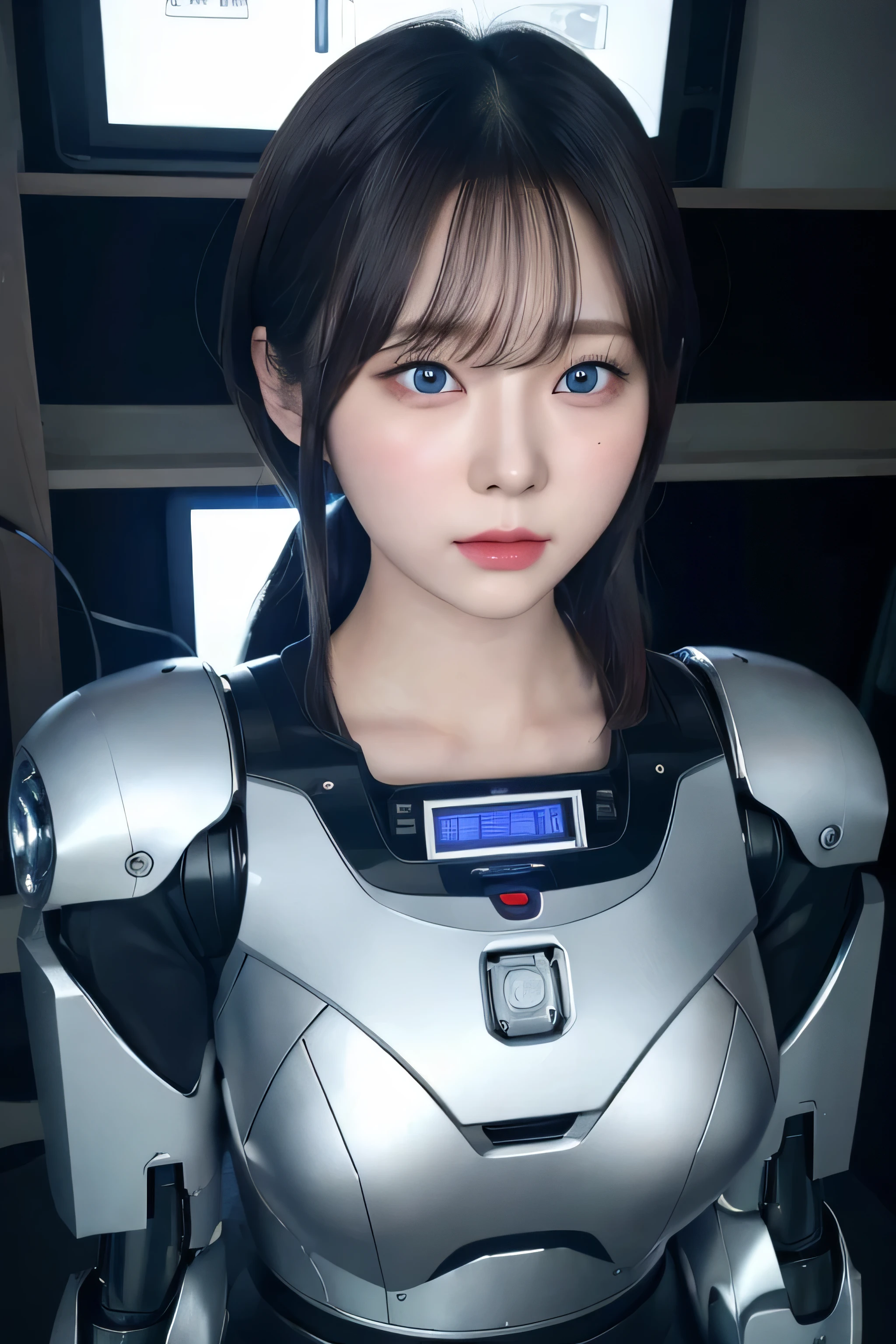 masterpiece, best quality, extremely detailed, Japaese android girl,portrait,Plump,a bit chubby,control panels,android,Droid,Mechanical Hand, Robot arms and legs, Black hair,Blunt bangs,perfect robot girl,long tube,thick cable connected her neck,android,robot,humanoid,cyborg,korean cyborg girl ,robot-assembly plant,She is assembling now,assembly scene,blue eyes,chest monitor