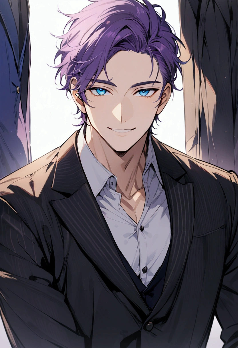 whole body、Character portrait、male、masterpiece、Handsome、The forehead is visible、1 man,  purple Hair、Worn suit、Jacket、Give bangs、Showing his forehead、Handsome、Intricately drawn eyes、good looking、((blue eyes)), 30 years old, handsome male, beautiful smile