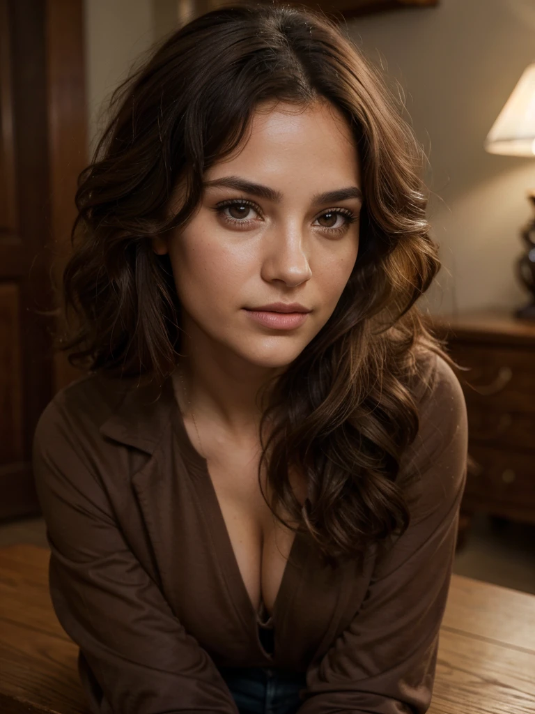 one beautiful woman, oval face, senseful lips, big brown eyes, 30 years old, slim sporty body, middle size breast, leaning on a table and watching i nthe camera, 1/2 body, front view, wearing a jacket and a thirt underneath, curly hair, clothes are whole and consitant, no text, sunny weather, backgorund blurred, sefie shot, cinematic lighting, motion blur, film grain, very detailed, 30 years, natural curly brown hair, dark brown eyes, high-res, masterpiece, best quality, intricate details, highly detailed, sharp focus, detailed skin, realistic skin texture, texture, detailed eyes, professional, 4k, 85mm, shallow depth of field, kodak color vision, perfect fit body, extremely detailed, photo_\(ultra\), photorealistic, realistic, post-processing, maximum detail, roughness, real life, ultra realistic, photorealism, photography, 8k uhd, photography (grain of film) medium shot for closeup shot, longer slimer face, perfect face, long oval lovely face, dark brown eyes, VERY CURLY, deep charming look