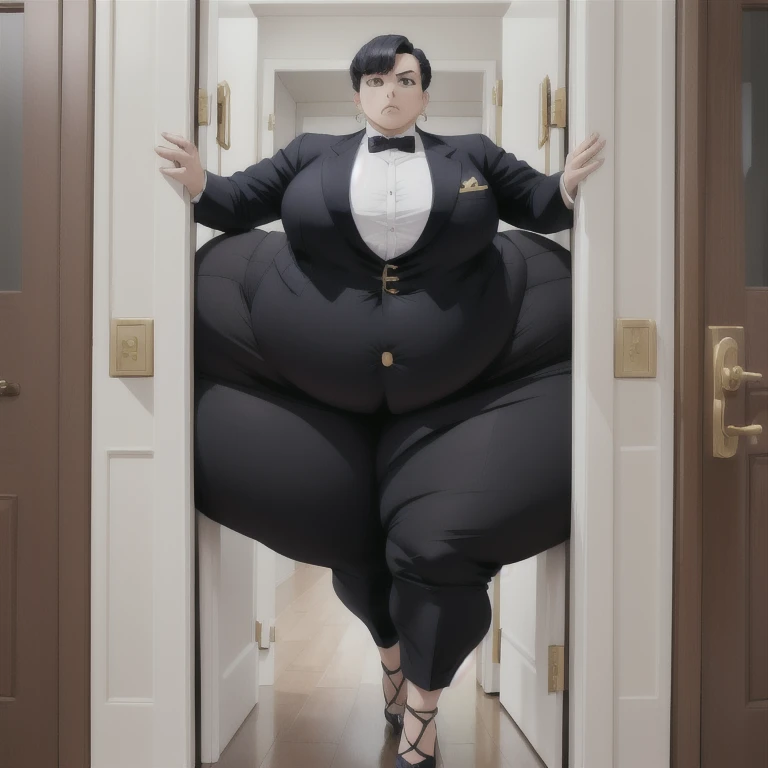 masterpiece, 1girl behind a doorway, from front, (doorstuck, stuckfront:1.3), huge wide round hips,  thick thighs, huge round butt, big belly, colorful clothing, wearing a tuxedo shirt, jacket and pants,  with gold heels, with gold bracelet, got cuff links, and a gold cumberbund, upset 