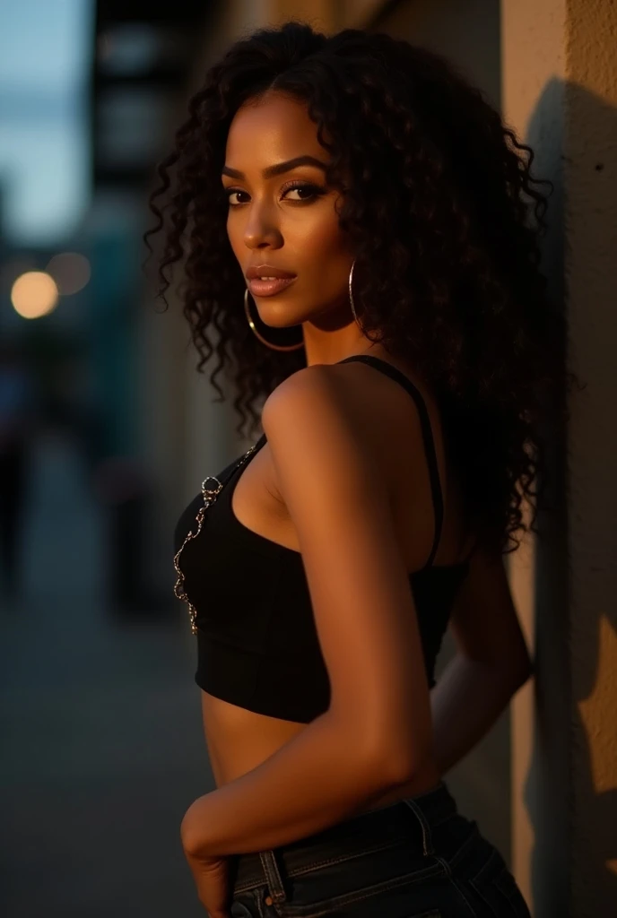 Create a dark-skinned Latina girl with wide hips
